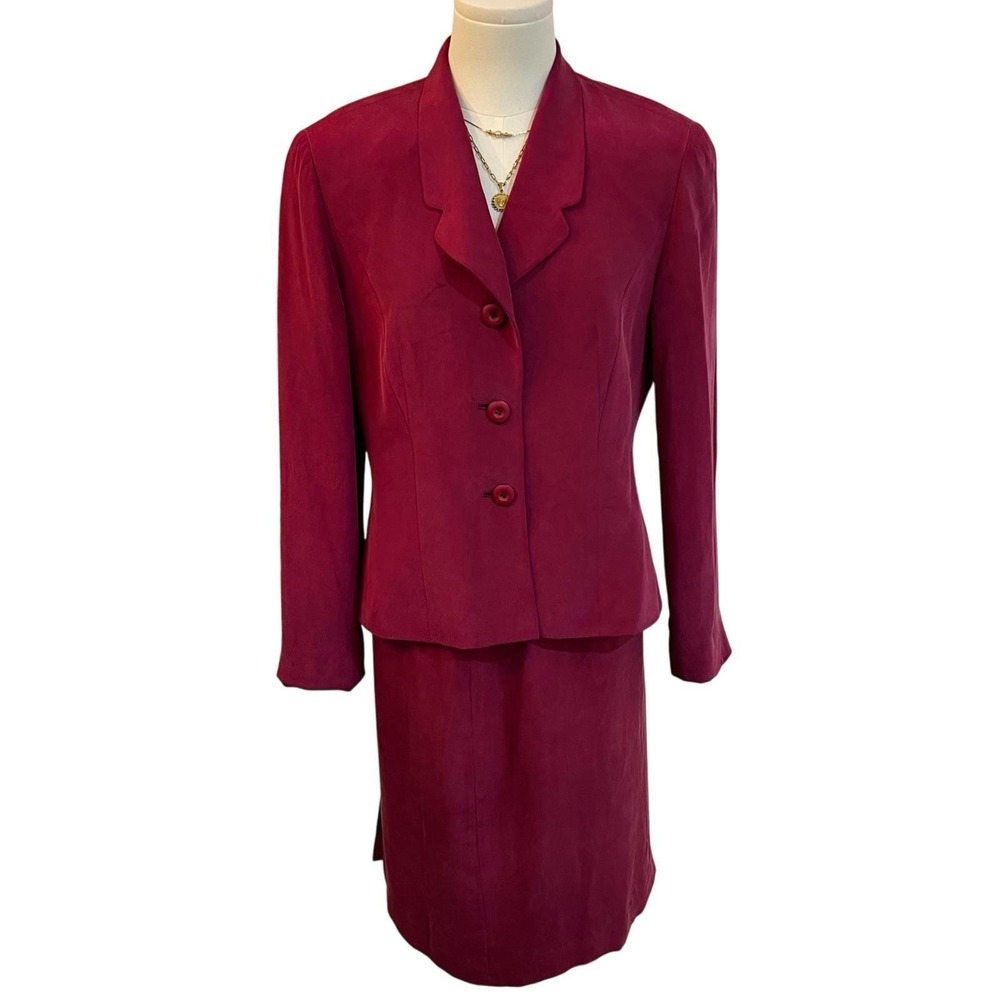 Vintage Morgan Taylor Burgundy Silk Skirt Suit Set Blazer Pencil Skirt 10P